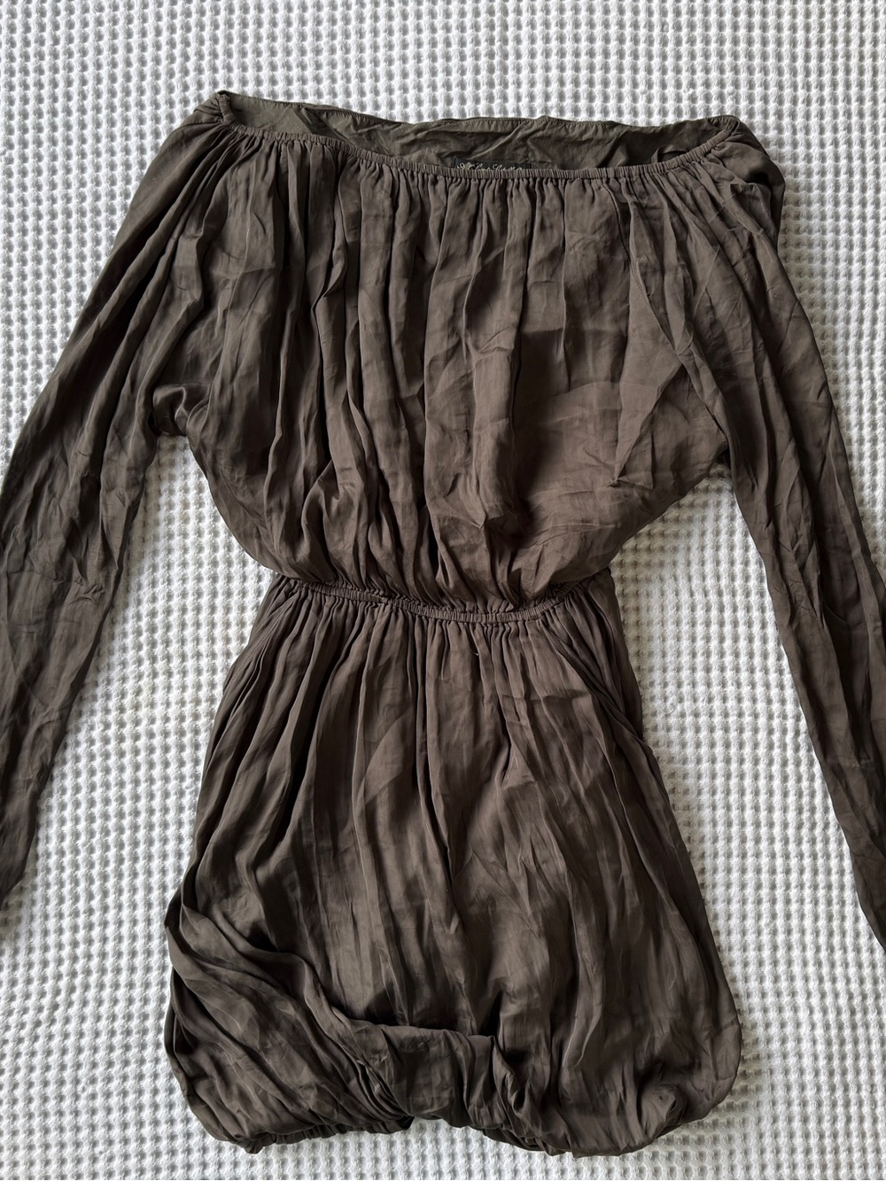 All Saints Off-Shoulder Silky Dress in Olive Brown